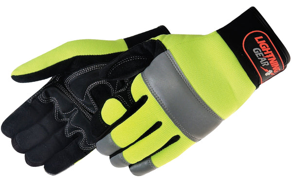 Mechanics Hi Viz Lightning Glove, Black Synthetic Leather Palm, Reflective Tape